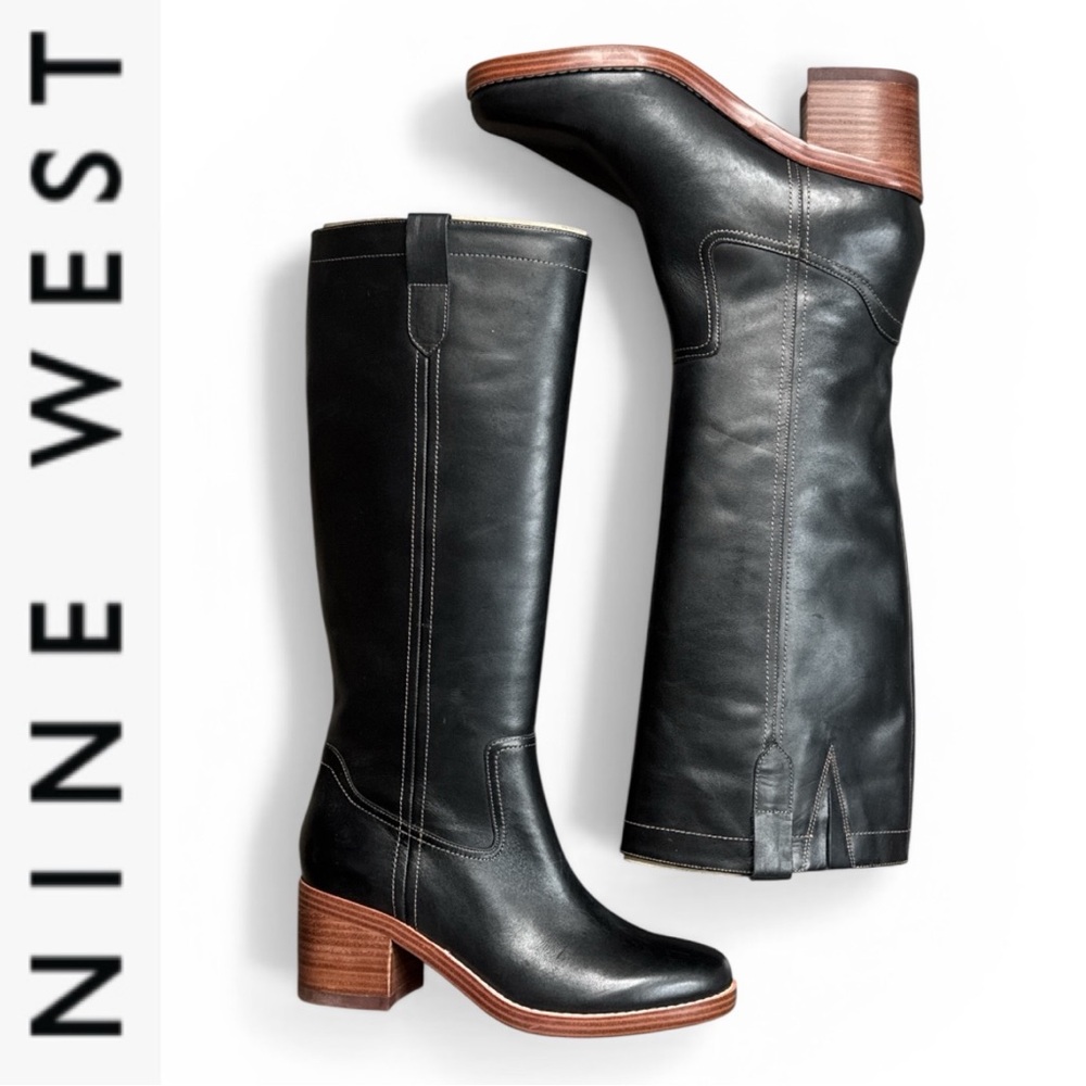 NINE WEST HECEE BLACK LEATHER KNEE-HIGH BOOTS VINTAGE CAMPUS STYLE **NIB**